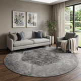 8' Gray And Silver Geometric Washable Round Rug With UV Protection