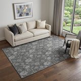 5' X 8' Gray And Silver Floral Washable Area Rug With UV Protection