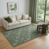 5' X 8' Olive Green And Gray Floral Washable Area Rug With UV Protection
