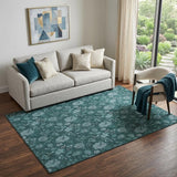 5' X 8' Teal And Ivory Floral Washable Area Rug With UV Protection