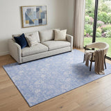5' X 8' Sky Blue And Ivory Floral Washable Area Rug With UV Protection