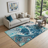 5' X 8' Teal Ivory And Gray Abstract Washable Area Rug With UV Protection