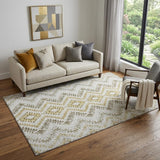 5' X 8' Taupe Ivory And Gold Geometric Washable Area Rug With UV Protection