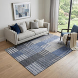 5' X 8' Blue Ivory And Gray Striped Washable Area Rug With UV Protection