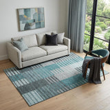 5' X 8' Teal Ivory And Gray Striped Washable Area Rug With UV Protection