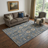 5' X 8' Navy Blue Beige And Charcoal Oriental Washable Area Rug With UV Protection
