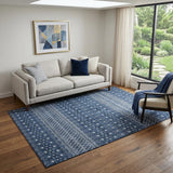 5' X 8' Navy Blue And Ivory Tribal Washable Area Rug With UV Protection