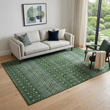5' X 8' Olive Green Blue And Ivory Tribal Washable Area Rug With UV Protection