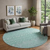 8' Aqua And Ivory Tribal Washable Round Rug With UV Protection