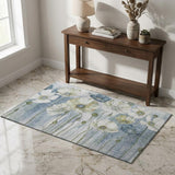 3' X 5' Blue Ivory And Gold Floral Washable Area Rug With UV Protection