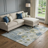 8' X 10' Blue Ivory And Gold Floral Washable Area Rug With UV Protection