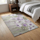 3' X 5' Purple Green And Ivory Floral Washable Area Rug With UV Protection