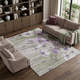 8' X 10' Purple Green And Ivory Floral Washable Area Rug With UV Protection
