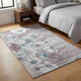 3' X 5' Teal Mauve And Ivory Floral Washable Area Rug With UV Protection