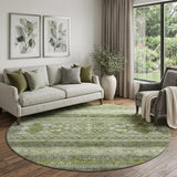 8' Olive Green Gray And Ivory Southwestern Washable Round Rug With UV Protection