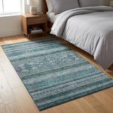 3' X 5' Teal And Ivory Southwestern Washable Area Rug With UV Protection