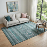 5' X 8' Teal And Ivory Southwestern Washable Area Rug With UV Protection