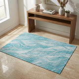 3' X 5' Teal And Ivory Abstract Washable Area Rug With UV Protection