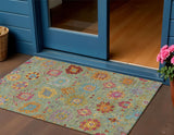 3' X 5' Artichoke Green Gold And Pink Damask Washable Indoor Outdoor Area Rug