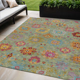 5' X 8' Artichoke Green Gold And Pink Damask Washable Indoor Outdoor Area Rug