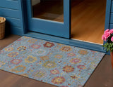 3' X 5' Blue Gold And Pink Damask Washable Indoor Outdoor Area Rug