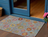 3' X 5' Gray Gold And Pink Damask Washable Indoor Outdoor Area Rug