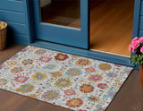3' X 5' Ivory Gold And Pink Damask Washable Indoor Outdoor Area Rug