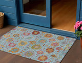3' X 5' Sky Blue Gold And Pink Damask Washable Indoor Outdoor Area Rug