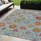 5' X 8' Sky Blue Gold And Pink Damask Washable Indoor Outdoor Area Rug