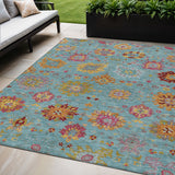5' X 8' Teal Blue Gold And Pink Damask Washable Indoor Outdoor Area Rug