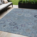 5' X 8' Denim Blue And Gray Damask Washable Indoor Outdoor Area Rug