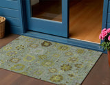 3' X 5' Fern Green And Gray Damask Washable Indoor Outdoor Area Rug
