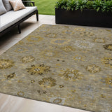 5' X 8' Khaki Gold And Gray Damask Washable Indoor Outdoor Area Rug