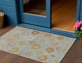 3' X 5' Pale Aqua And Gold Damask Washable Indoor Outdoor Area Rug