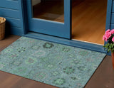3' X 5' Teal Blue And Gray Damask Washable Indoor Outdoor Area Rug