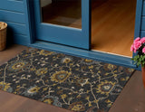 3' X 5' Black Gold And Blue Floral Washable Indoor Outdoor Area Rug