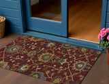3' X 5' Burgundy Gold And Gray Floral Washable Indoor Outdoor Area Rug
