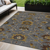 5' X 8' Gray Gold And Beige Floral Washable Indoor Outdoor Area Rug