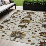 5' X 8' Ivory Gray And Gold Floral Washable Indoor Outdoor Area Rug