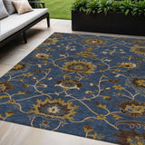 5' X 8' Navy Blue Gold And Brown Floral Washable Indoor Outdoor Area Rug