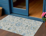 3' X 5' Beige Blue And Ivory Floral Washable Indoor Outdoor Area Rug