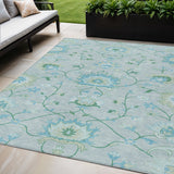 5' X 8' Mint Green Teal Blue And Ivory Floral Washable Indoor Outdoor Area Rug