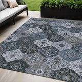 5' X 8' Denim Blue Gray And Ivory Floral Medallion Washable Indoor Outdoor Area Rug