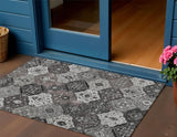 3' X 5' Gray Charcoal And Ivory Floral Medallion Washable Indoor Outdoor Area Rug