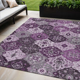 5' X 8' Purple And Ivory Floral Medallion Washable Indoor Outdoor Area Rug