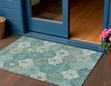 3' X 5' Teal Blue And Ivory Floral Medallion Washable Indoor Outdoor Area Rug