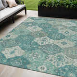 5' X 8' Teal Blue And Ivory Floral Medallion Washable Indoor Outdoor Area Rug