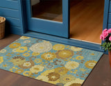 3' X 5' Aqua Gold And Beige Floral Washable Indoor Outdoor Area Rug