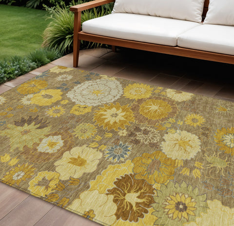 8' X 10' Coffee Gold And Beige Floral Washable Indoor Outdoor Area Rug