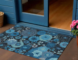 3' X 5' Blue And Black Floral Washable Indoor Outdoor Area Rug